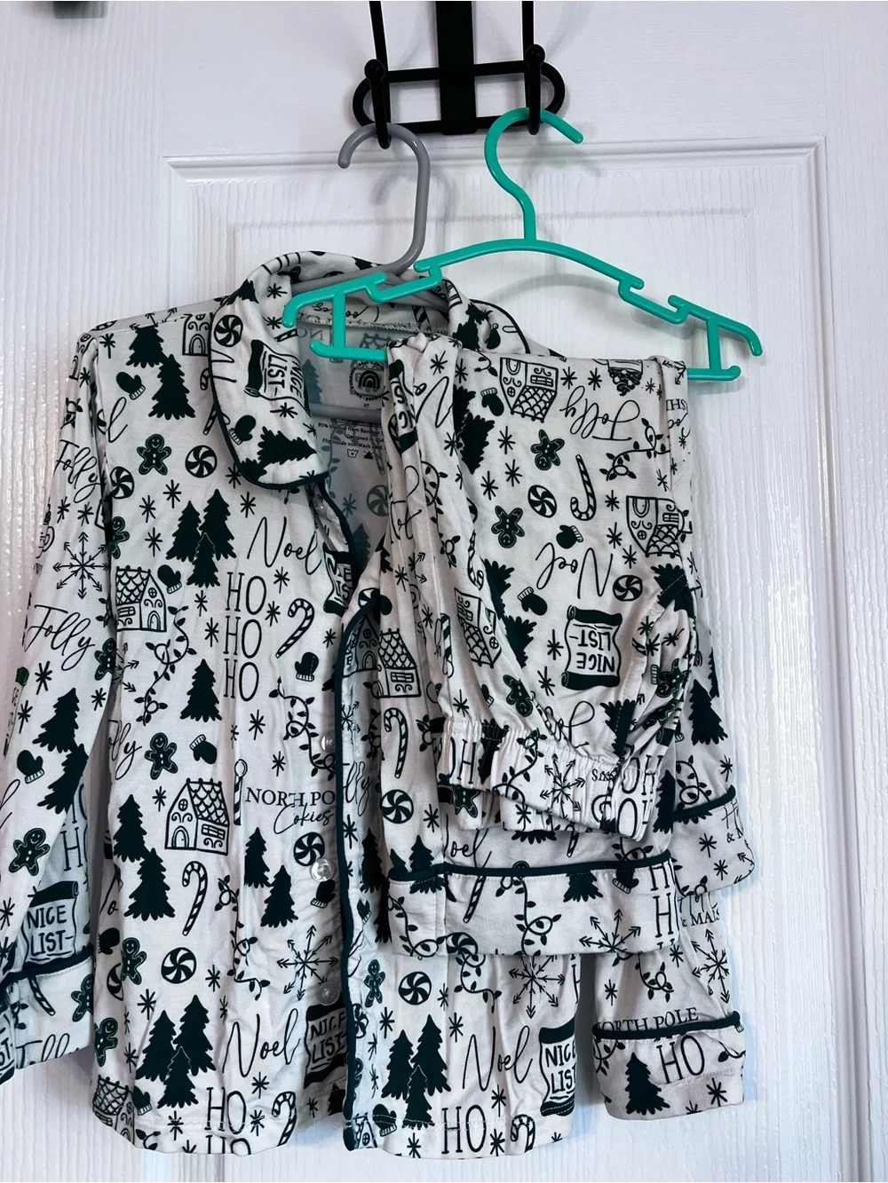Kids Holiday Print Pajama Set - White with Dark Green Print